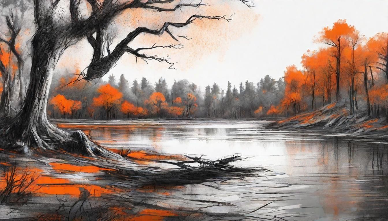 Charcoal Lake Scene with Orange Paint Splashes