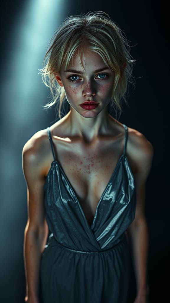 Glamorous Young Woman Stands Alone in Dramatic Spotlight