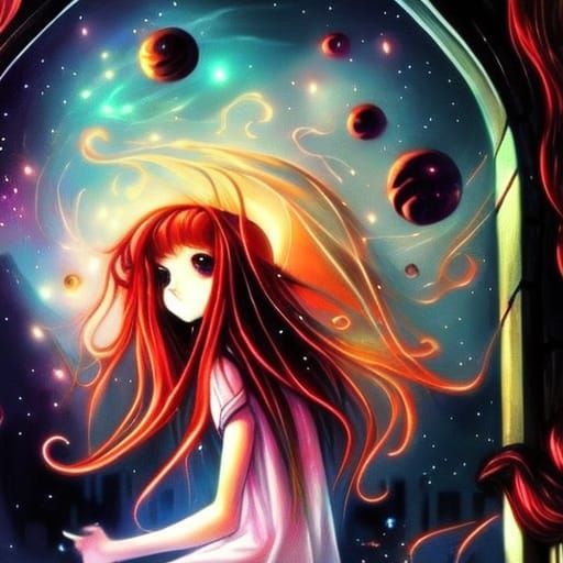 Ethereal Girl with Cosmic Hat in Anime Style