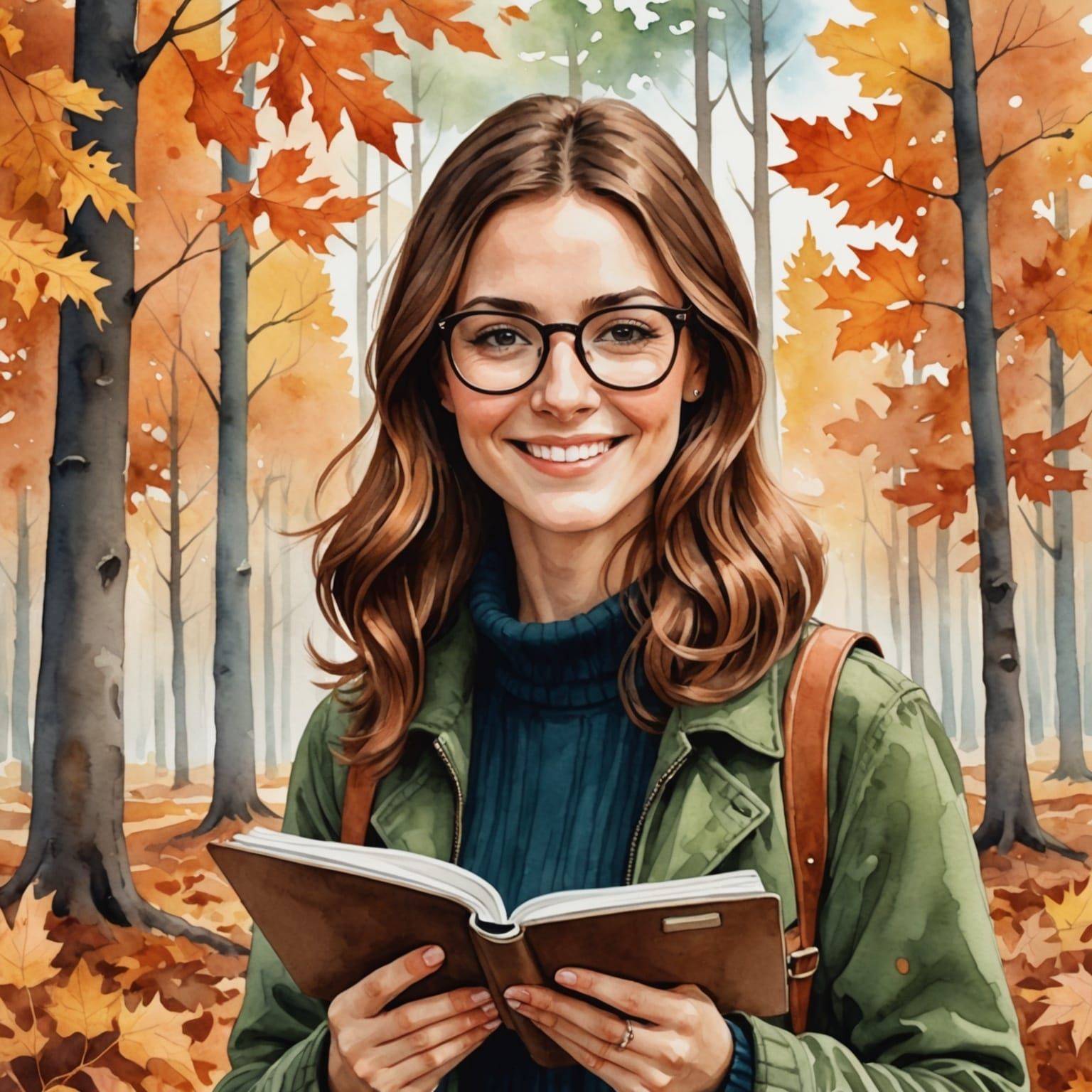Woman in Fall Forest with Notebook, Watercolor Style