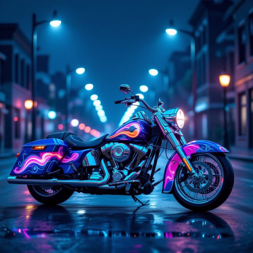 Bioluminescent Motorcycle on Rainy Street, in Airbrush Style