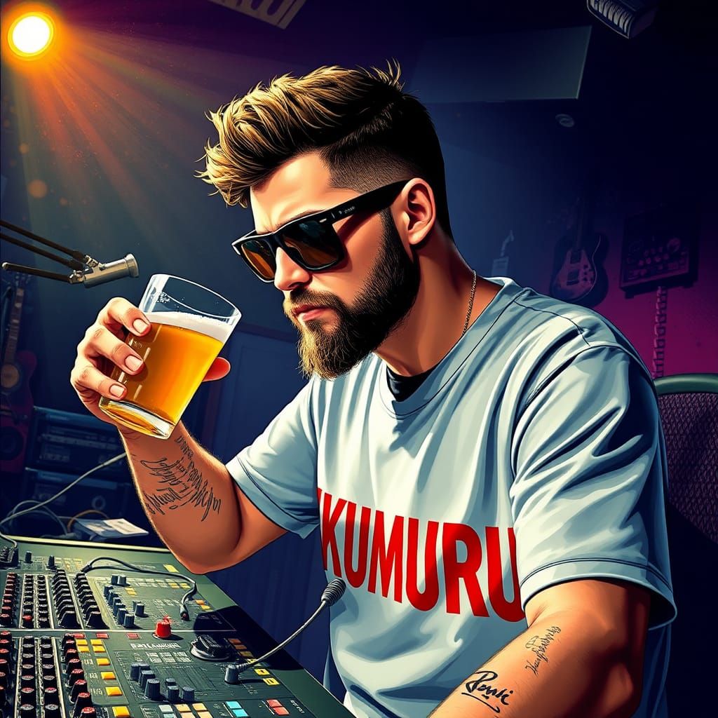Man at Recording Studio Mixer, Hyperrealistic Style