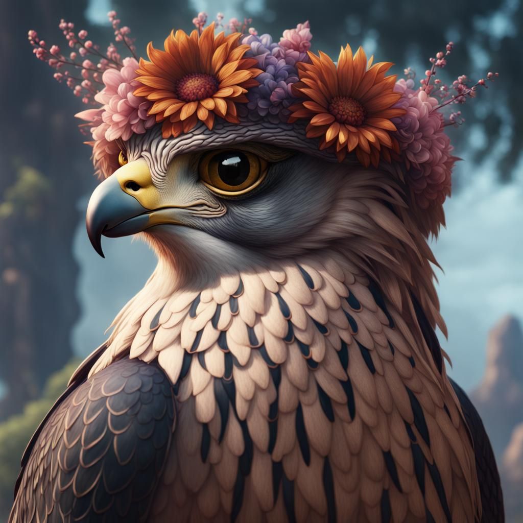 Falcon Wearing Flower Crown: Detailed Matte Painting