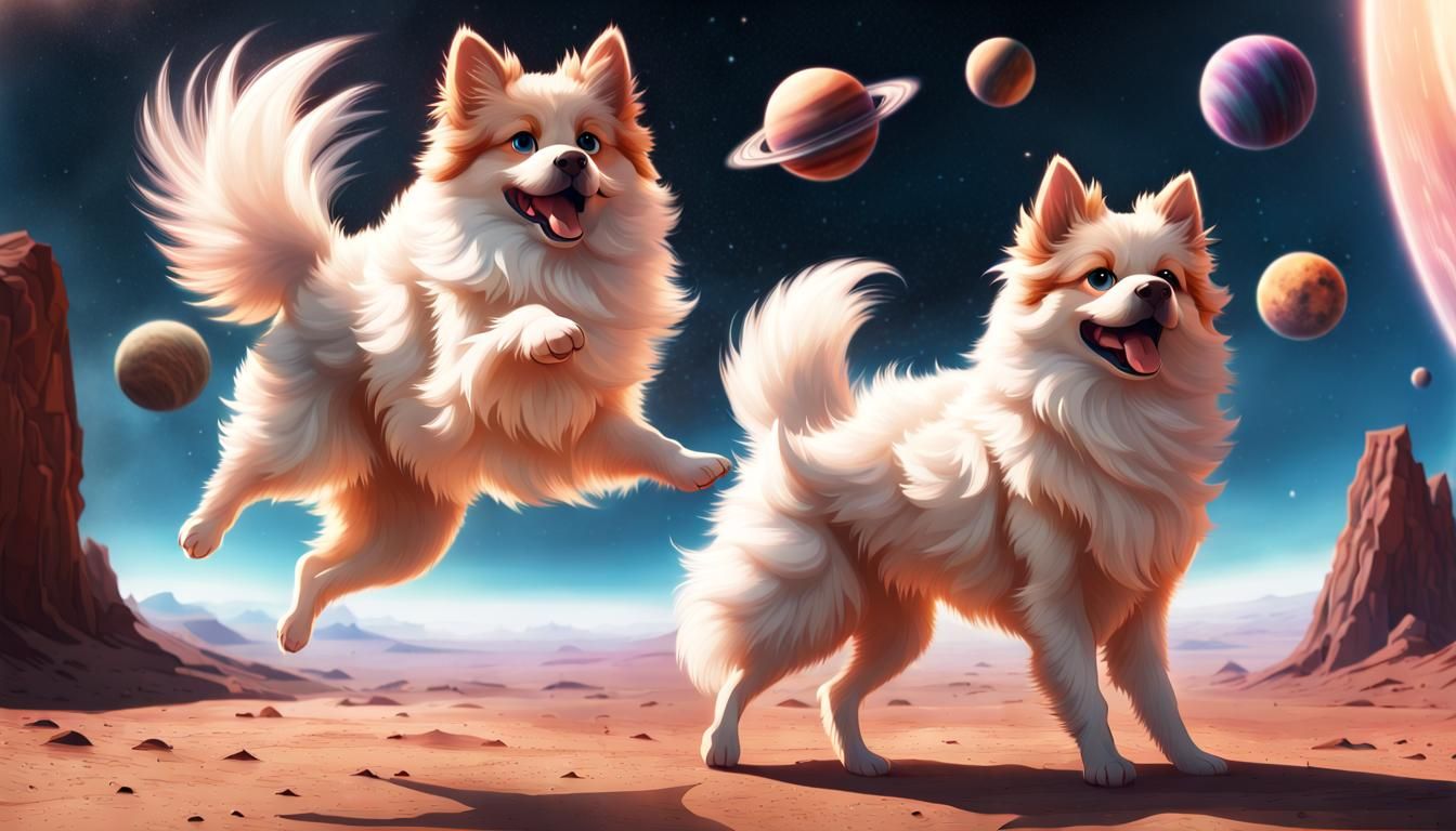 Playful Floofers Dance Under Geometric Skies