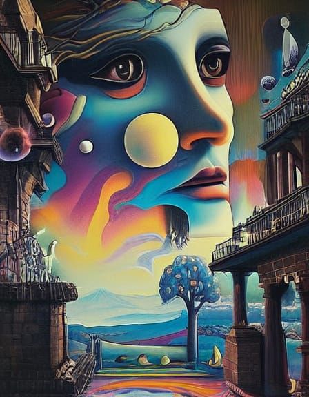 A large bright green woman's face, shrouded in mystery, with...