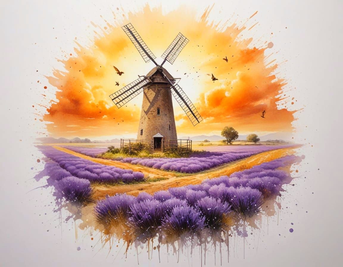 Old Windmill Above Lavender Fields in Sunlit Dreamscape
