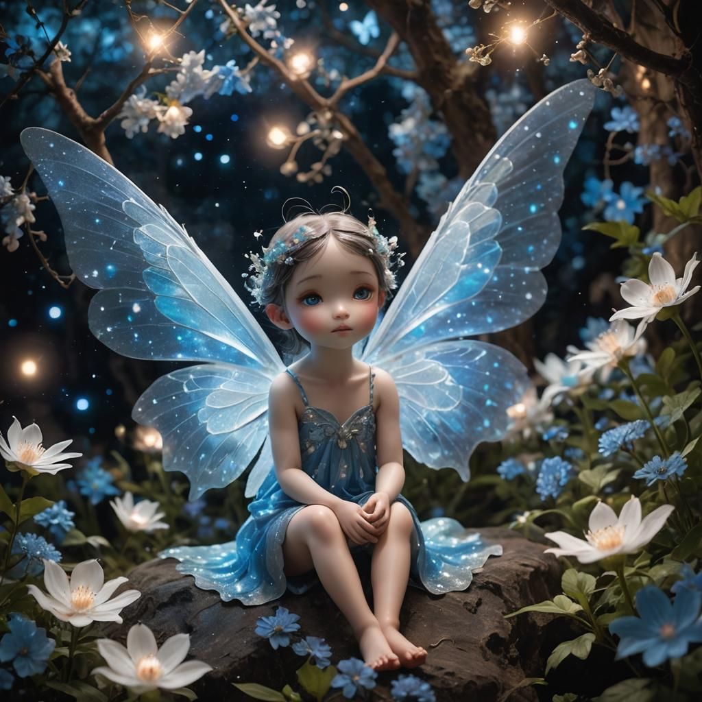 Ethereal Fairy Perched Among Iridescent Stardust Flowers