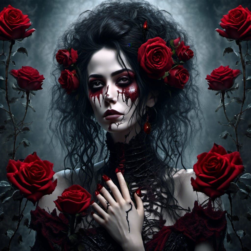 Gothic Red Rose with Skeletal Hands, Hyperrealistic
