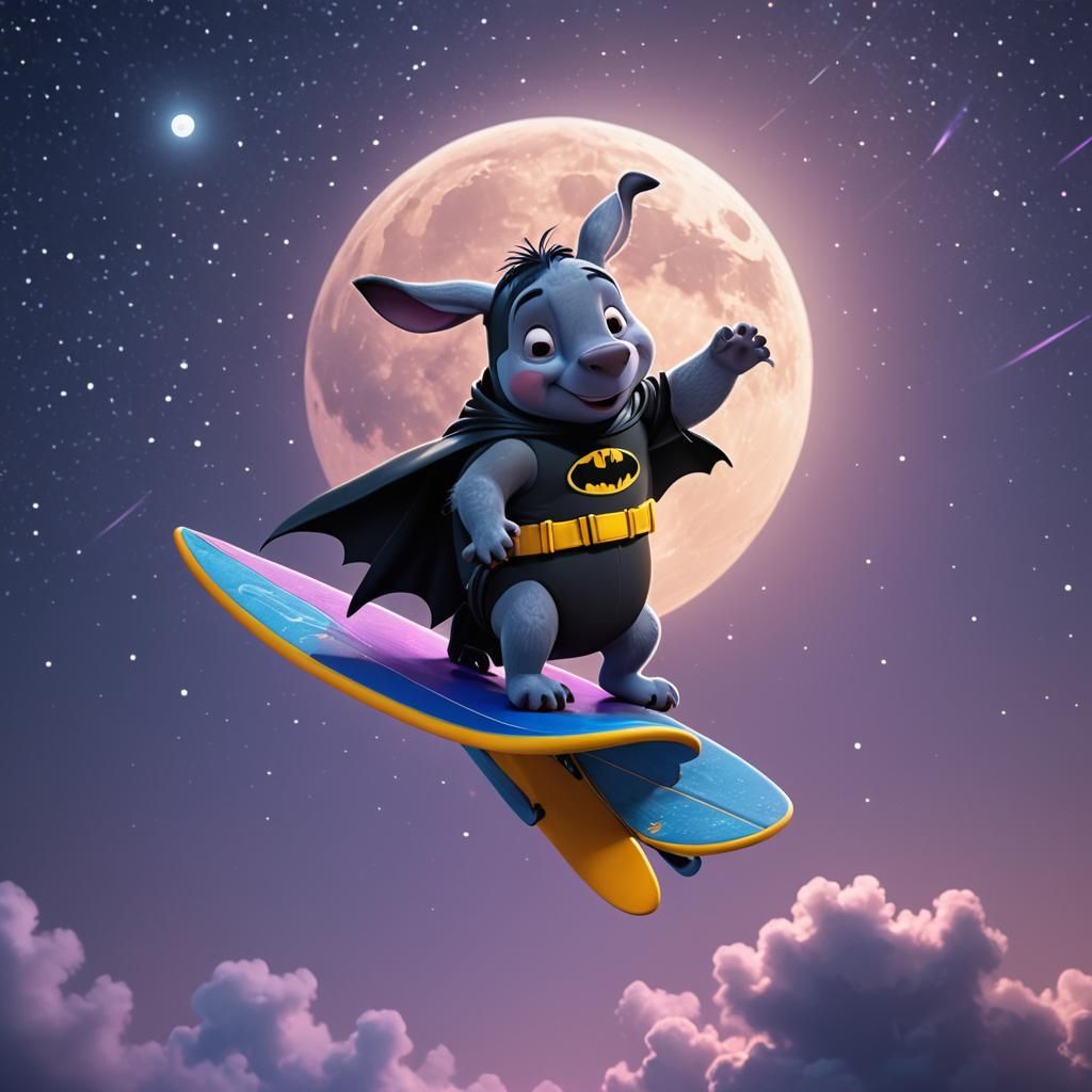 Eeyore as Batman Surfing Under the Moon