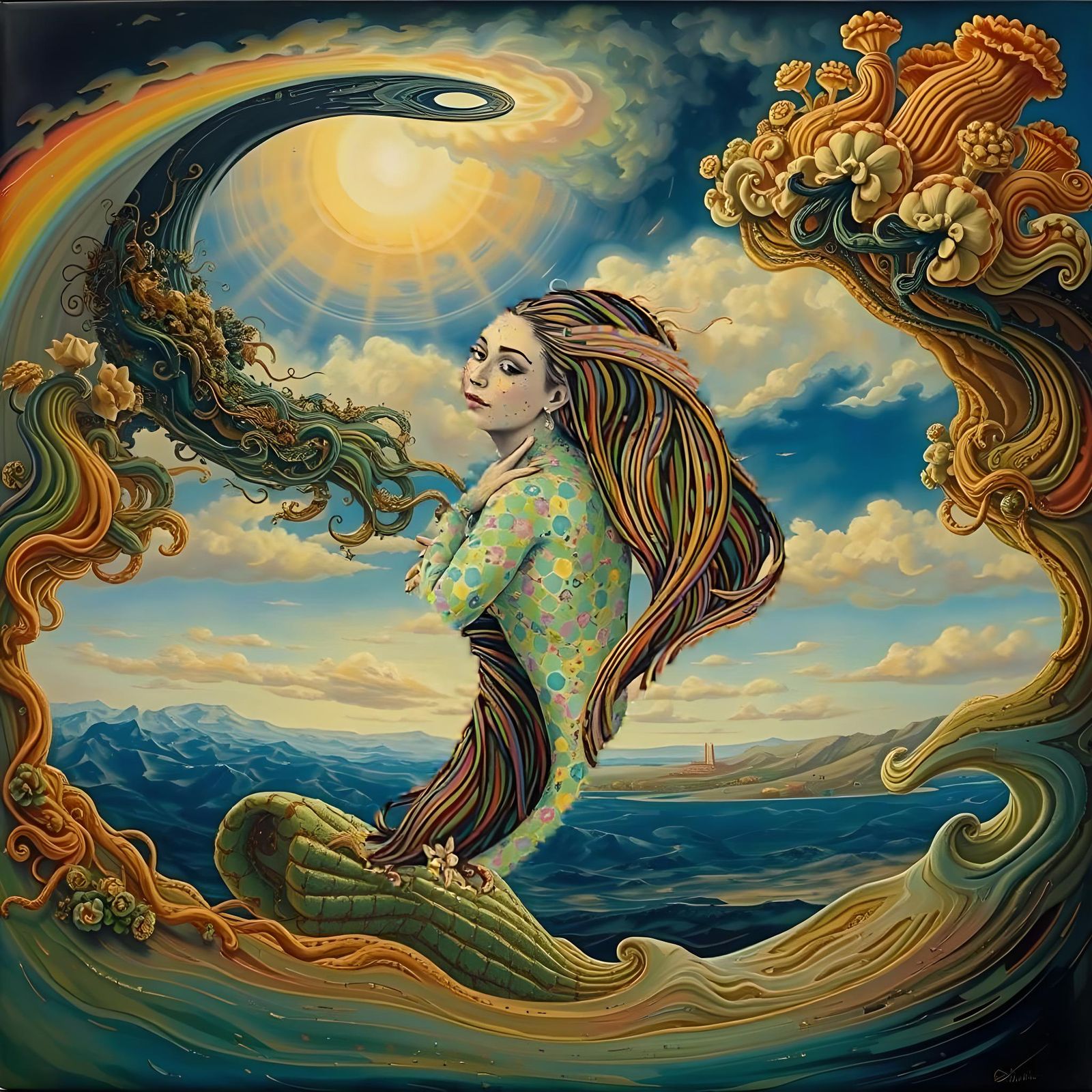 Surreal Landscape with Elastic Flora in Klimt-Dali Style