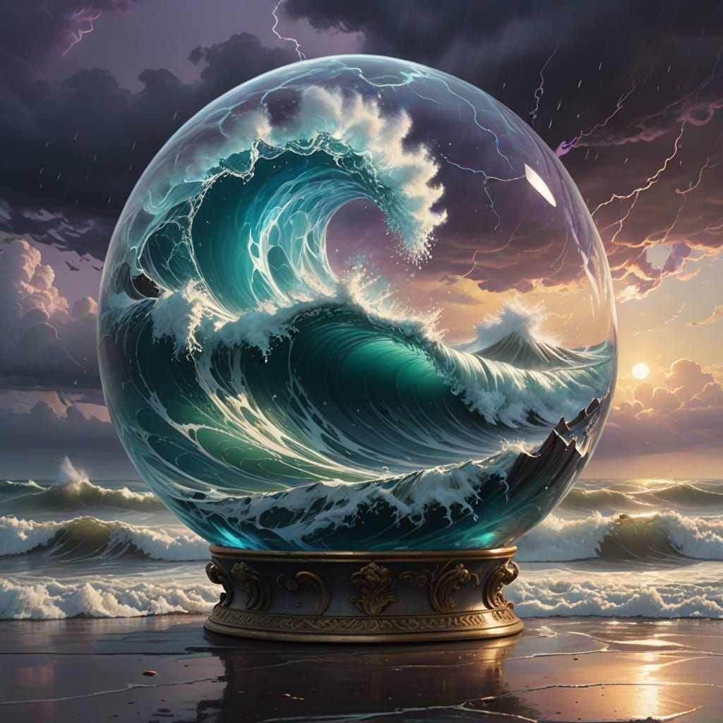 Hyperrealistic Stormy Sea in Delicate Glass Vessel