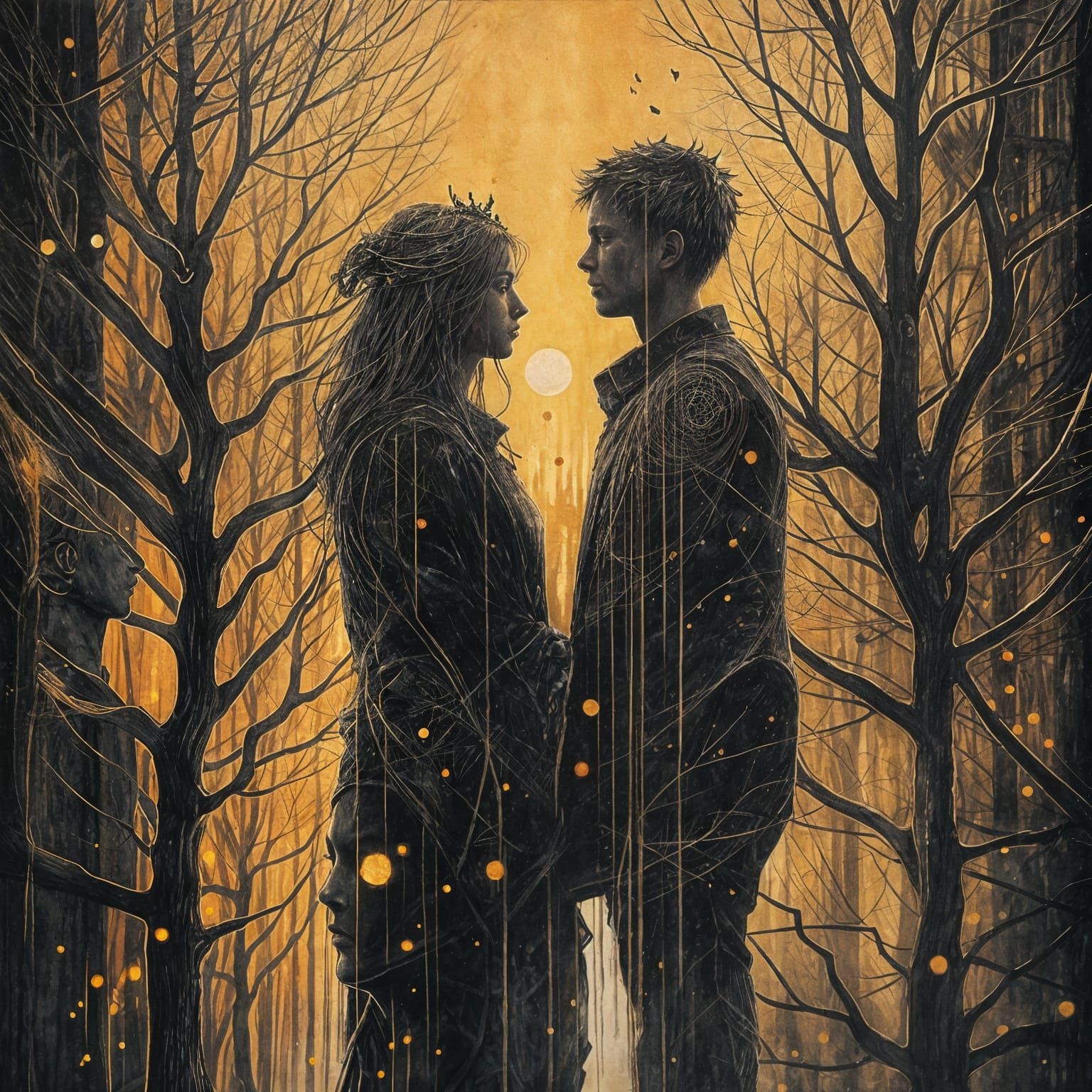 Mystical Street Art Mural with Double Exposure Silhouettes