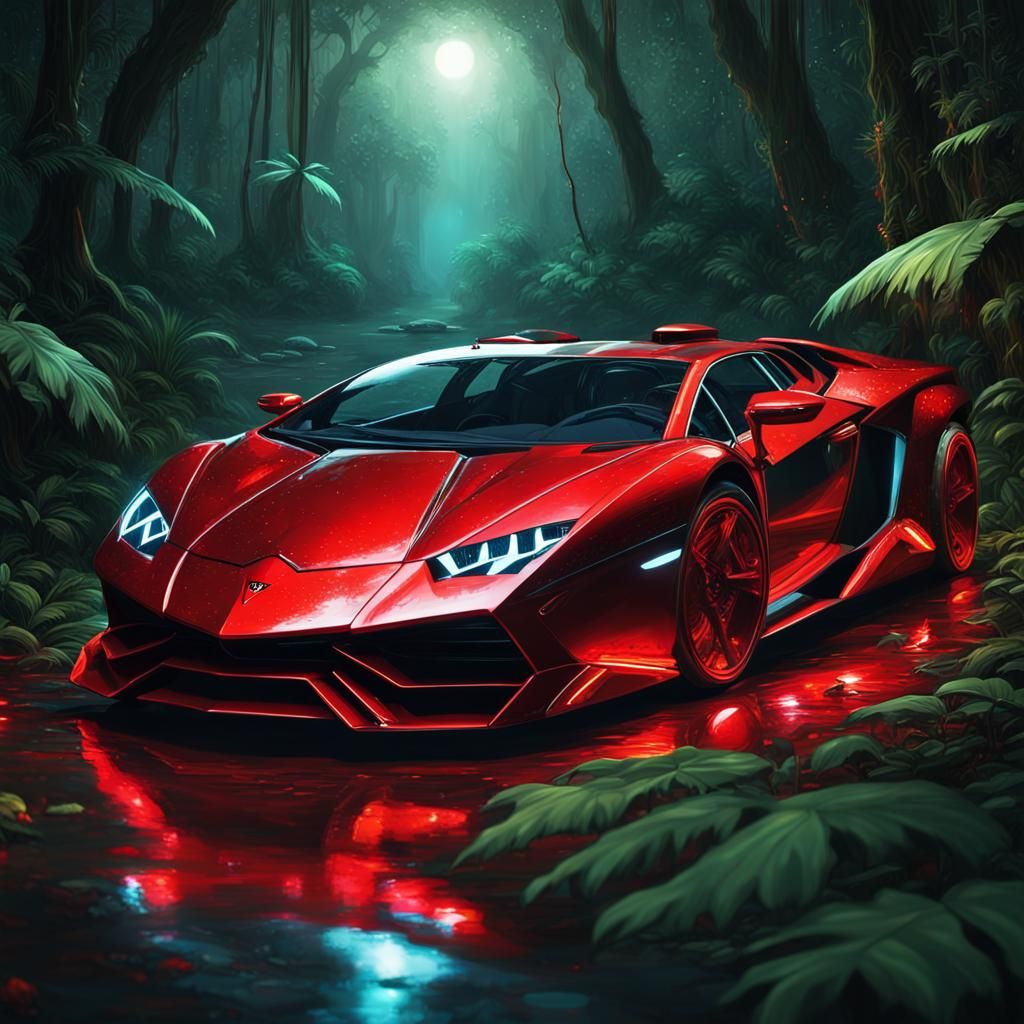red futuristic steampunk cyborg Lamborghini car in the rainf...