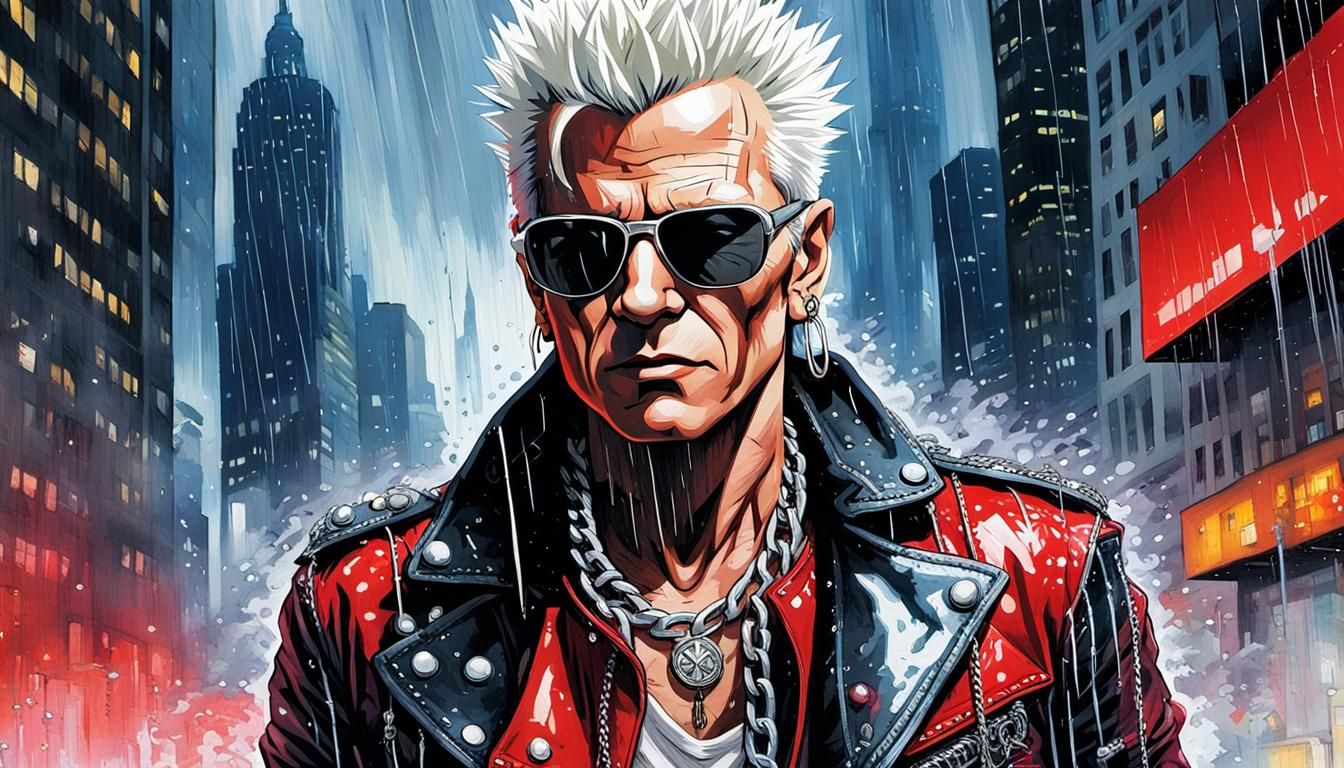 Billy Idol Portrait in Rainy City, Pop Art Style