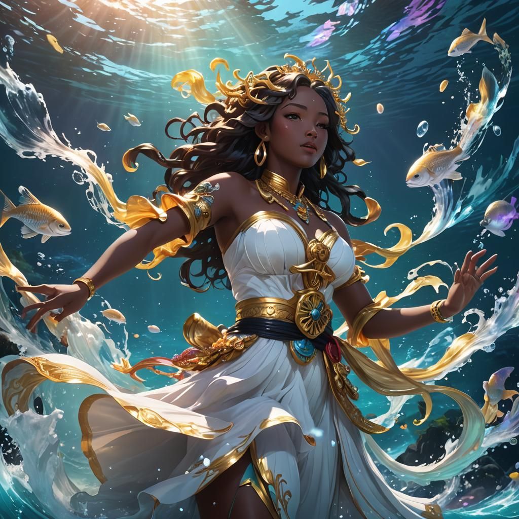 Anime-Inspired Mami Wata in Mystical Ocean