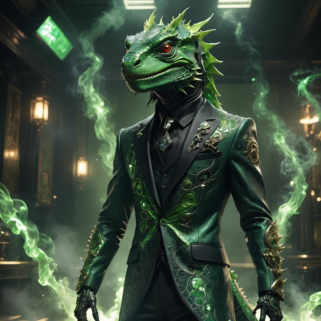 Hyperrealistic 3D Anime Lizard Man in Suit