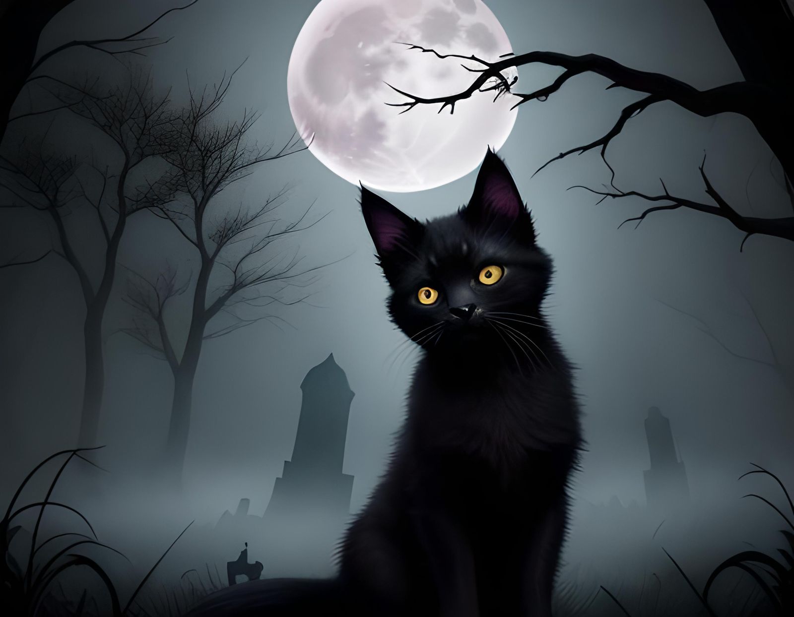 Spooky Graveyard Scene with Black Kitten