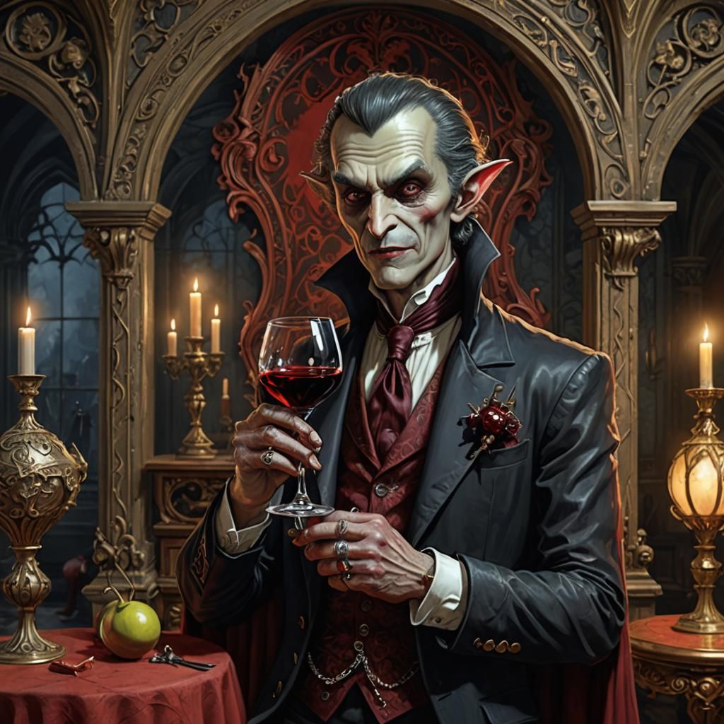 Cartoon Vampire with Wine in Art Nouveau Setting