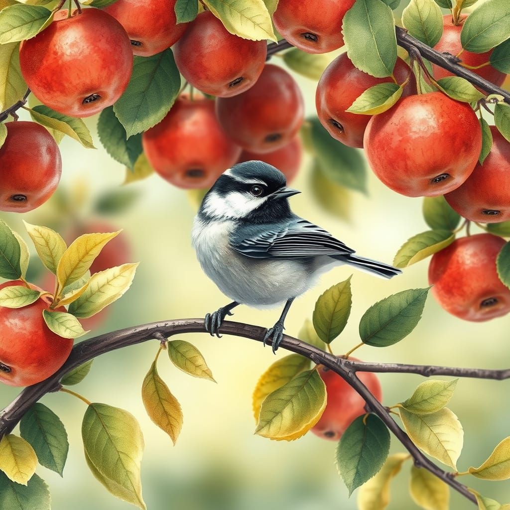 Chickadee in Apple Tree, Whimsical Digital Art