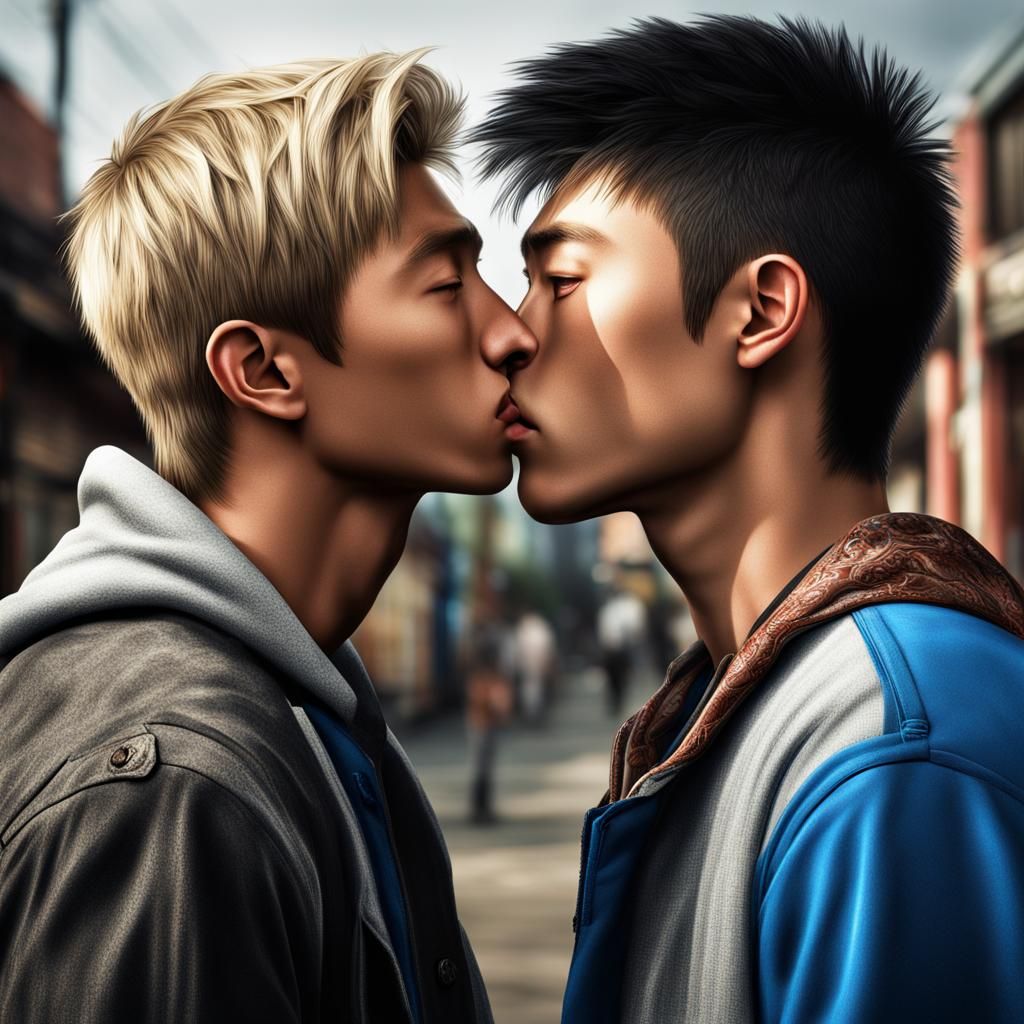 Teenage Boys Share a Kiss in Hyperrealistic Style