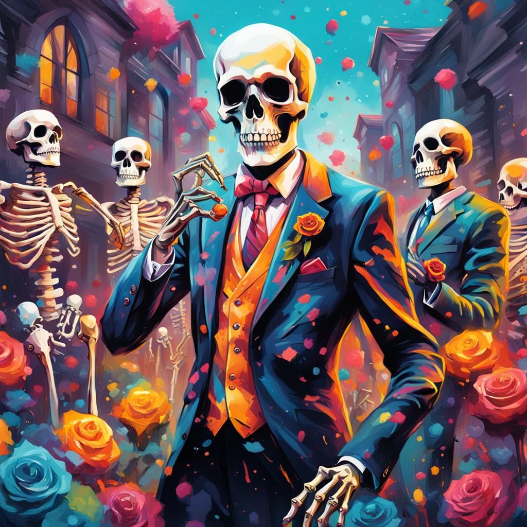 Formal Skeleton Party in Graveyard Graffiti Art
