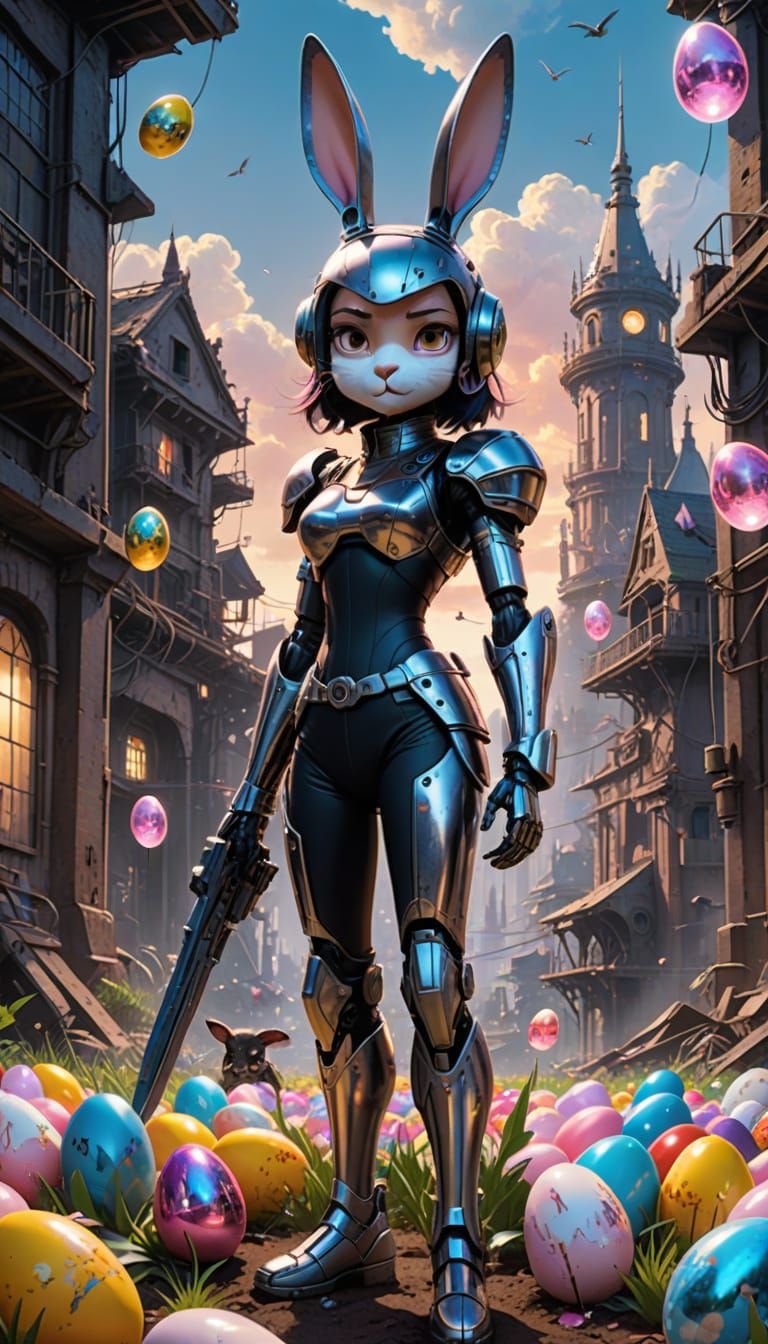 Futuristic Easter Bunny Warrior in Sci-Fi Metal Armor
