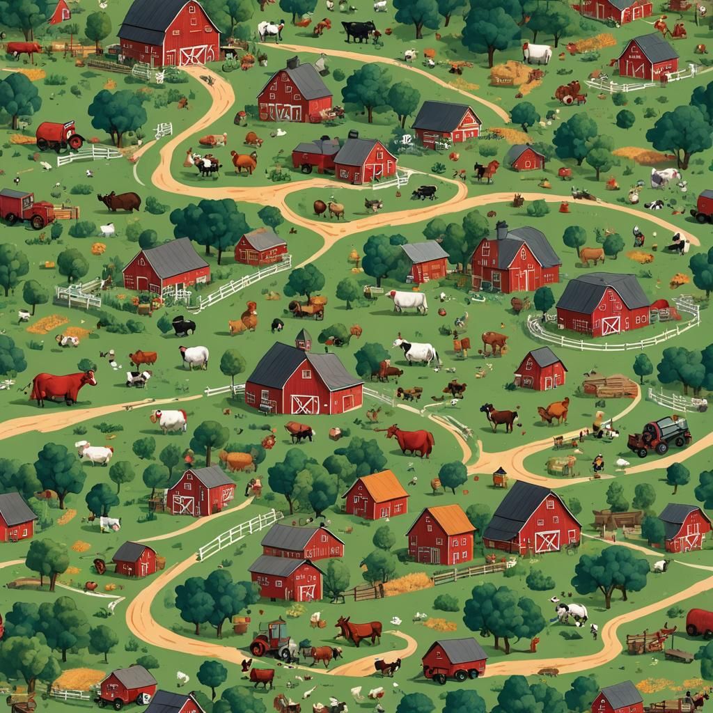 Picturesque Farm Scene with Red Barn and Animals