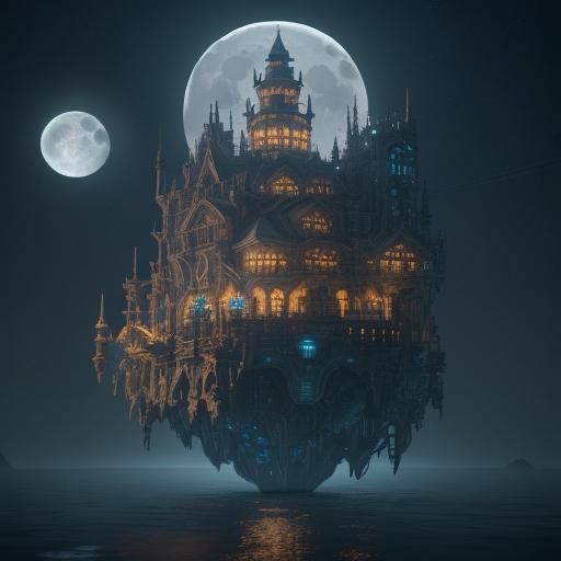 Mystical Floating City Illuminated by Moonlight