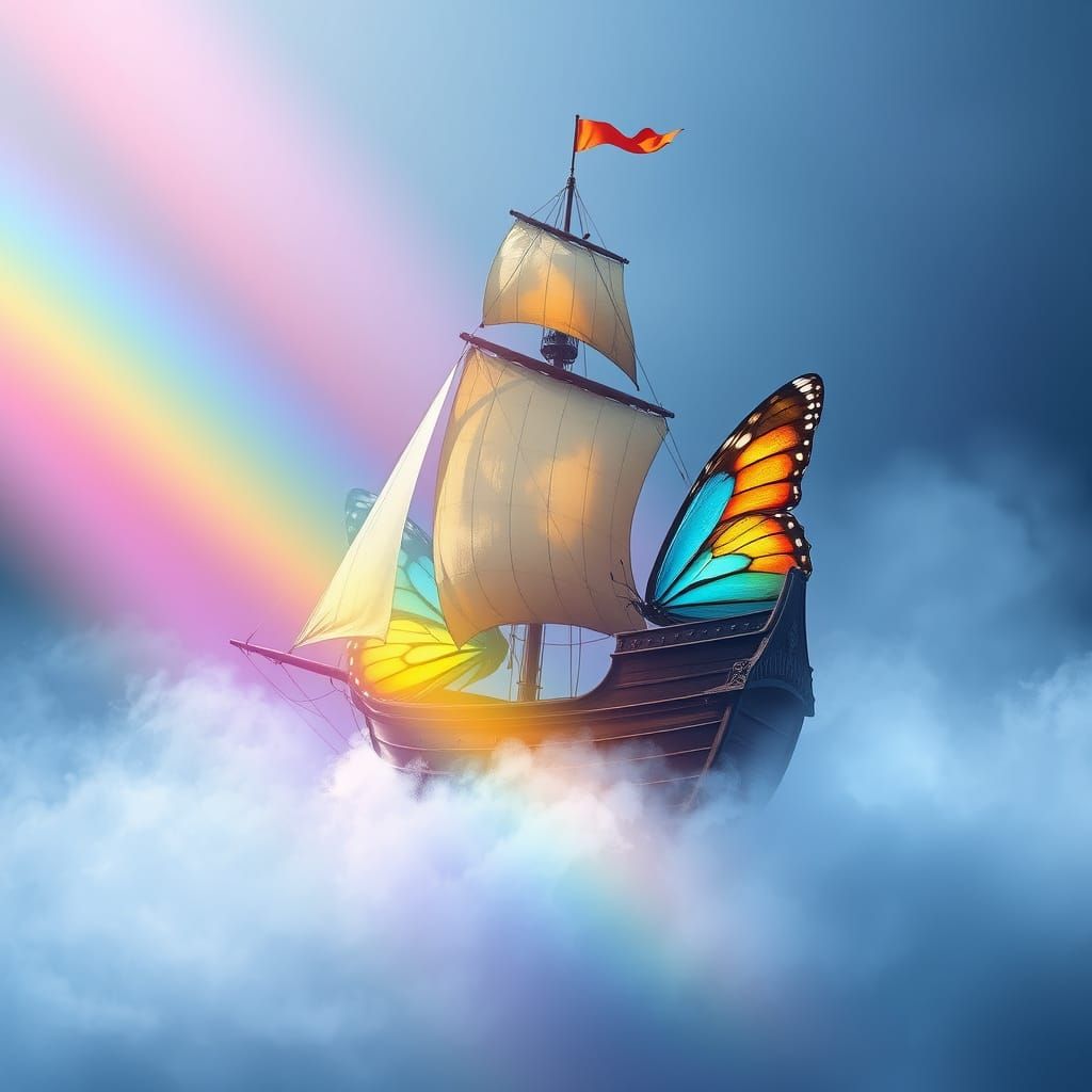 Butterfly Wing Ship Sailing on Rainbow Mist