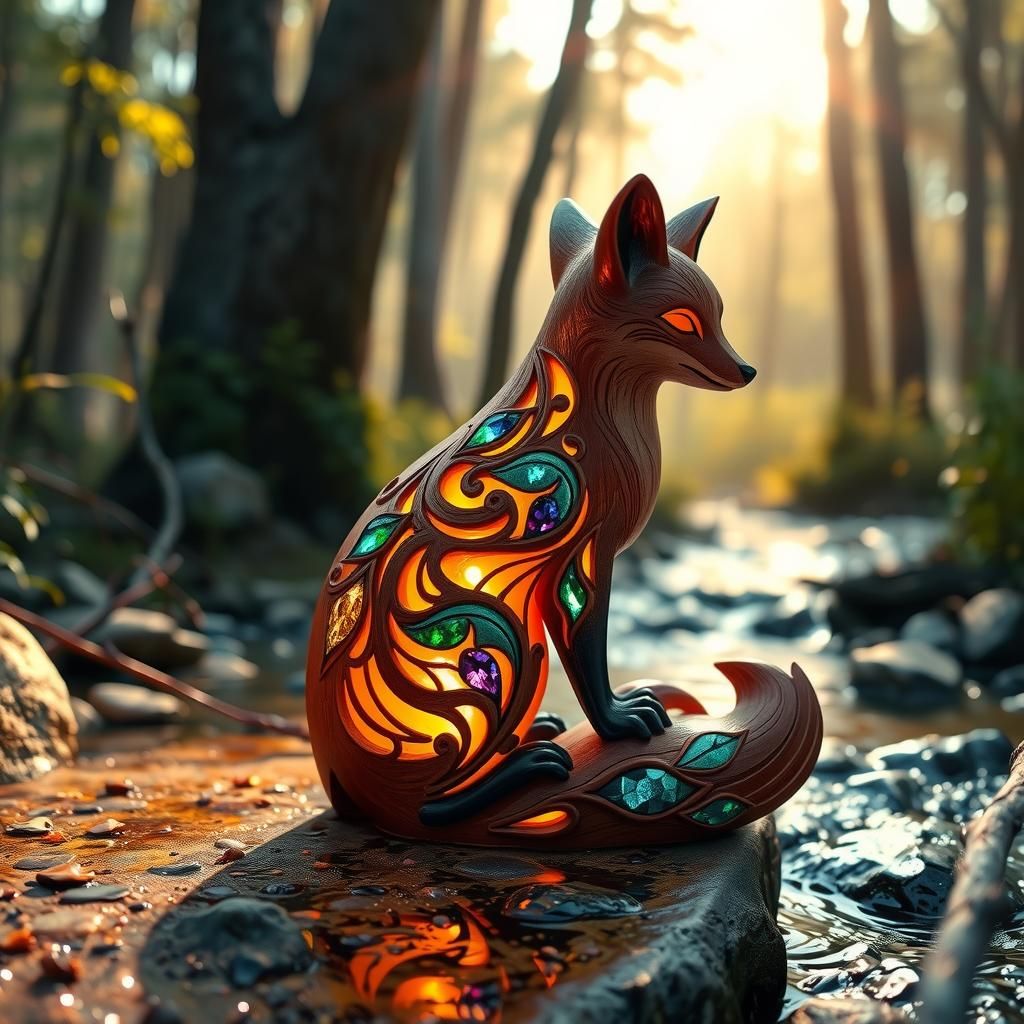 Bioluminescent Carved Wooden Fox in Enchanted Forest