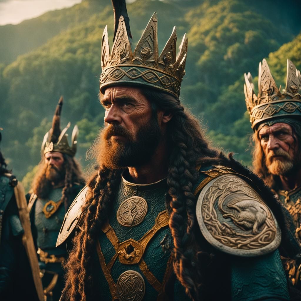 Epic Celtic Mythology Scene with Warriors and Kings