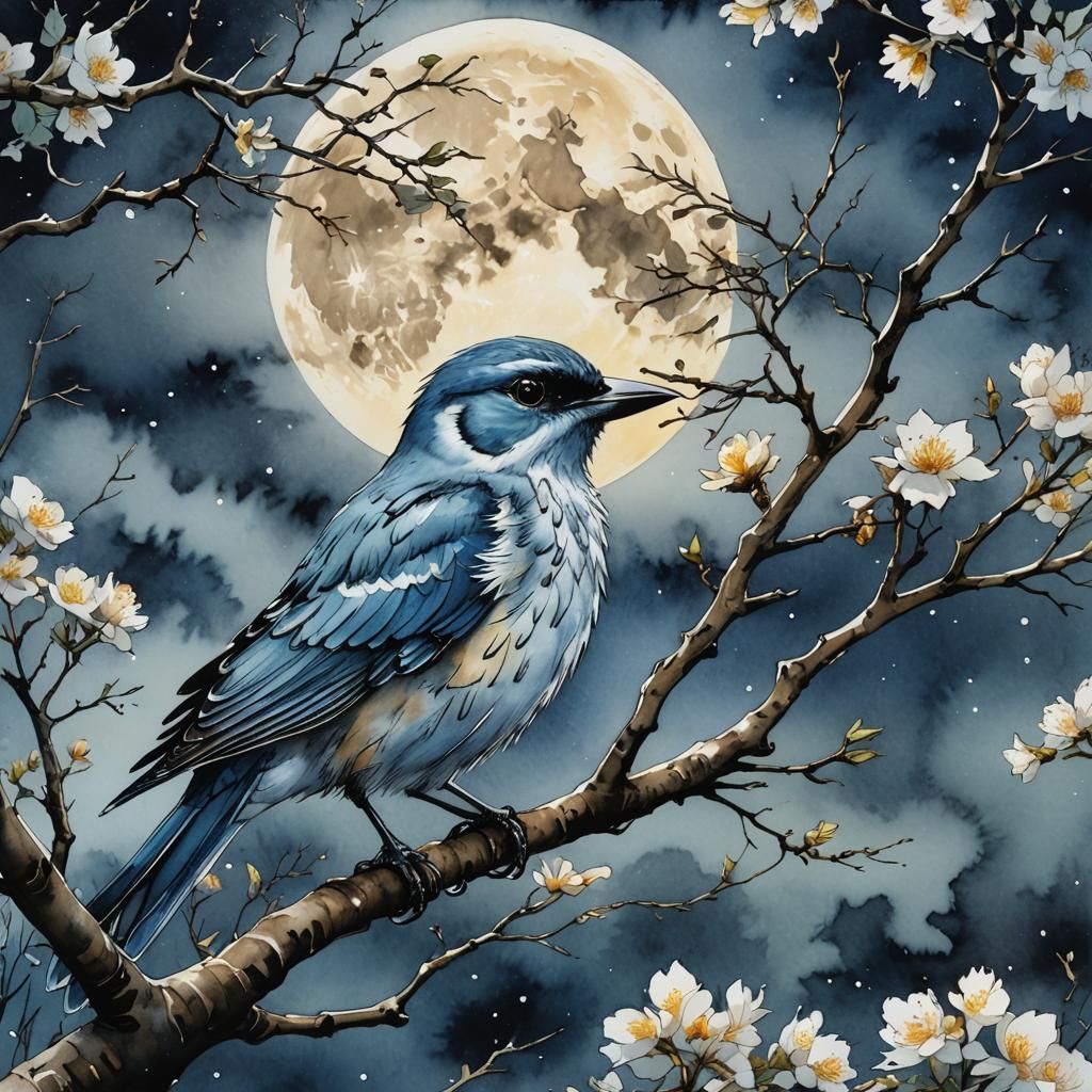 Bird Under Full Moon: Watercolor Comic Illustration