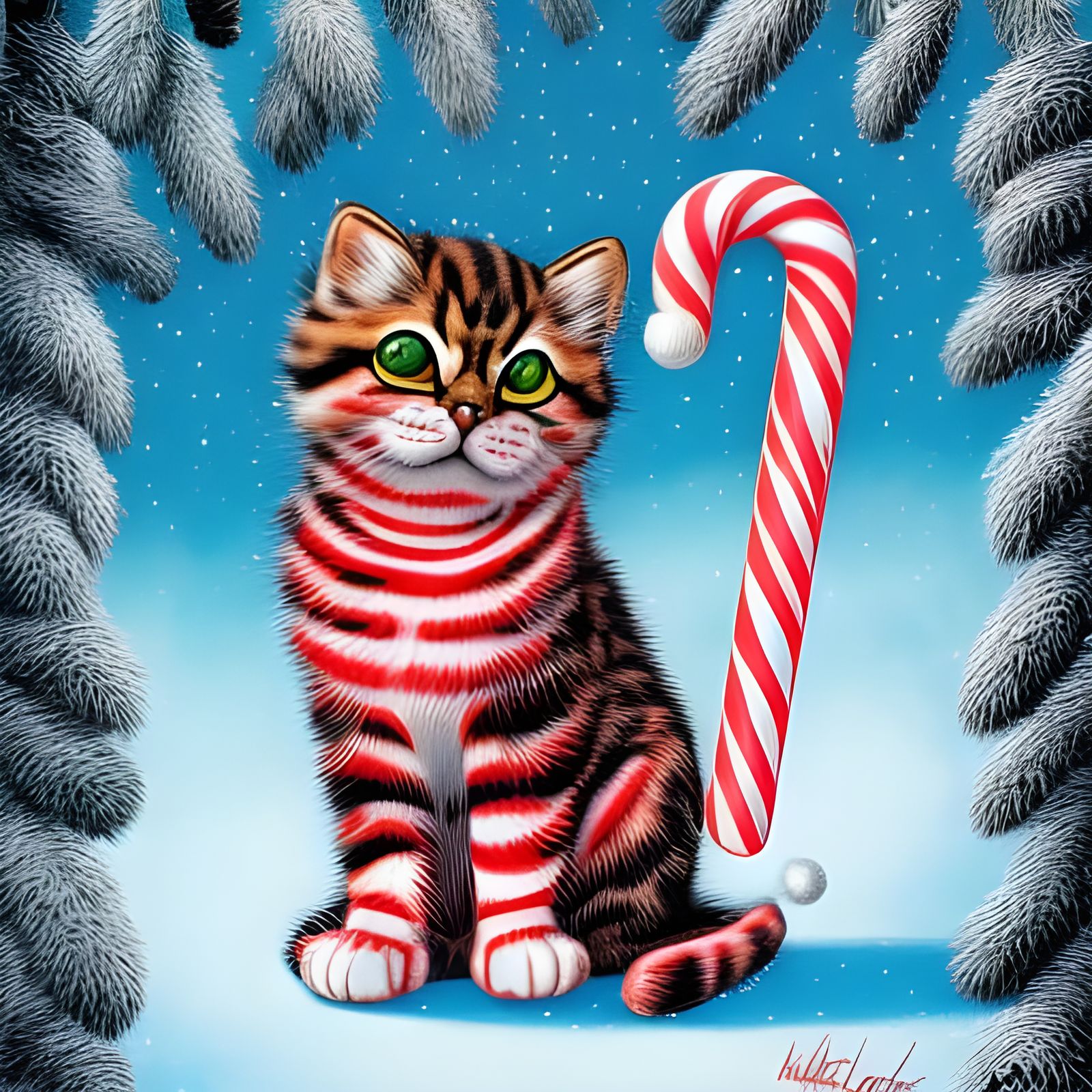 Festive Candy Cane Christmas Kitty Cat in Comic Art