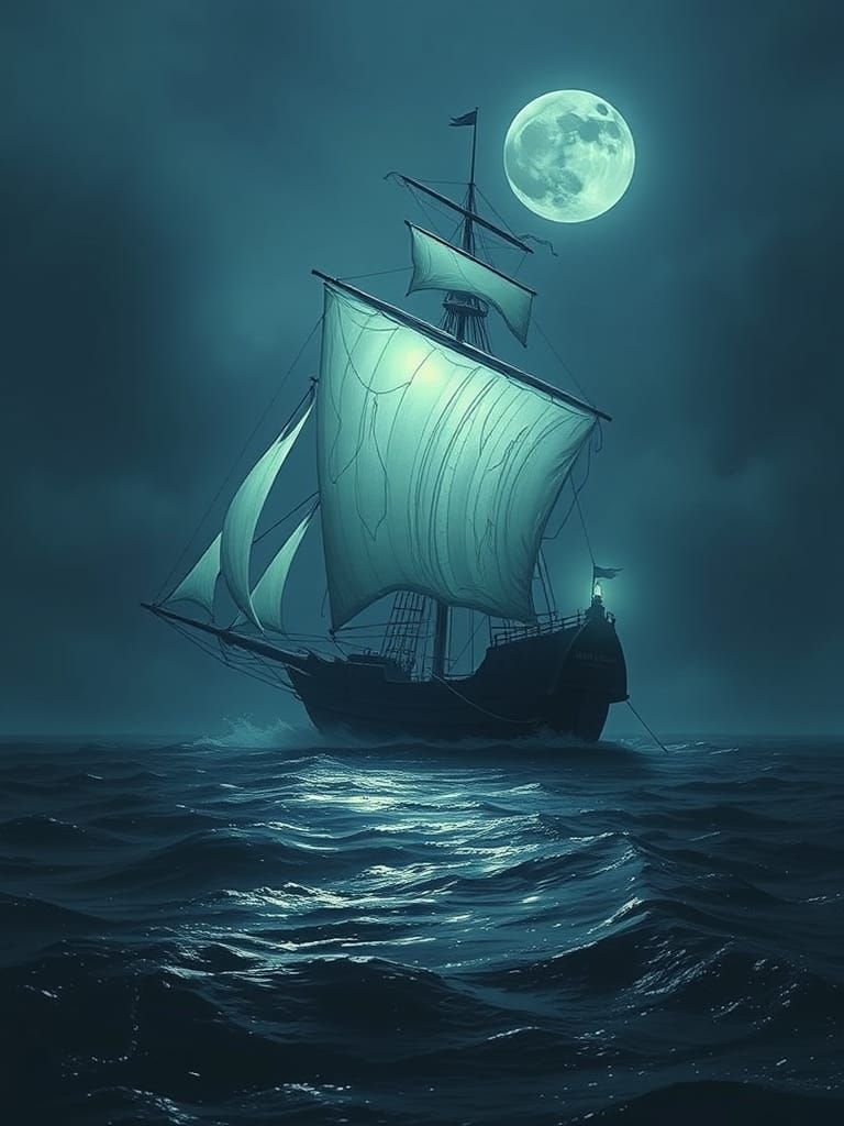 Ethereal Ghost Ship Sailing on Moonlit Sea