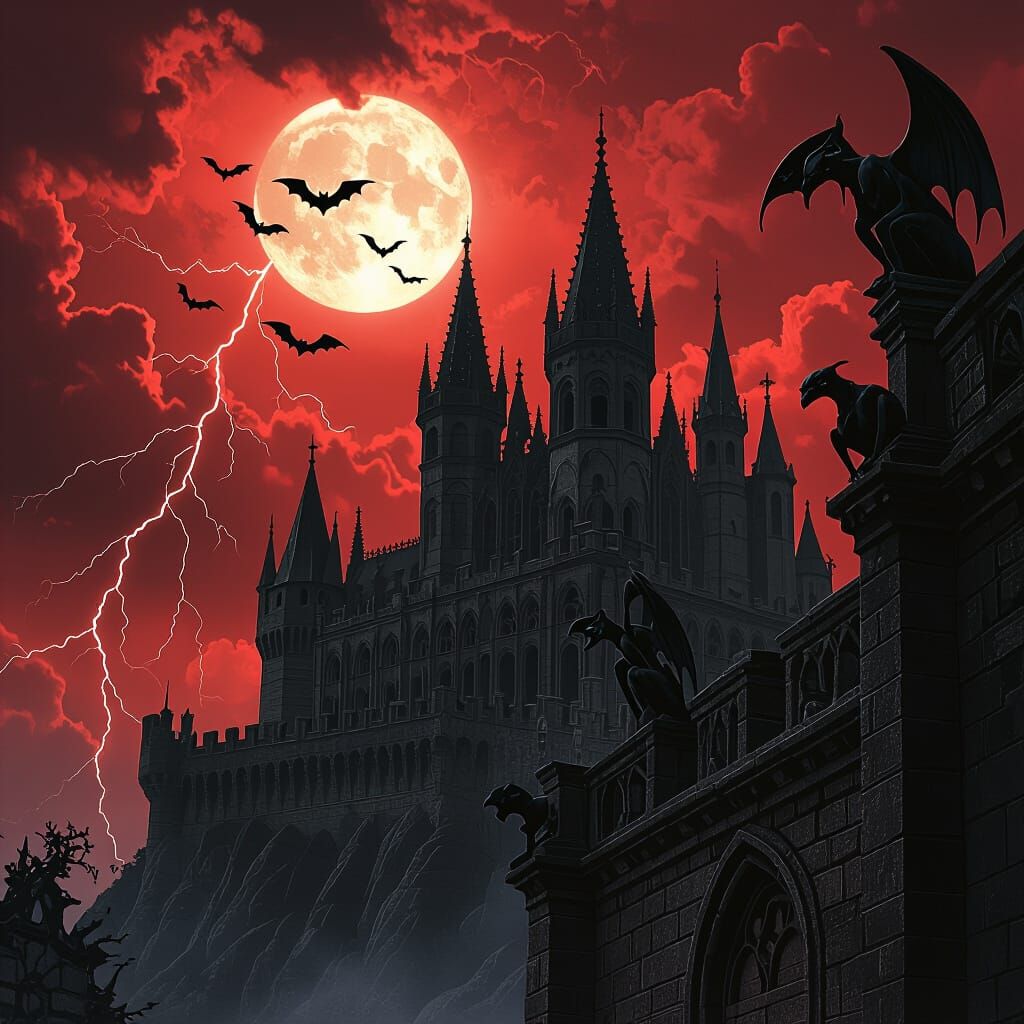 Gothic Castle Silhouette Against Stormy Red Sky