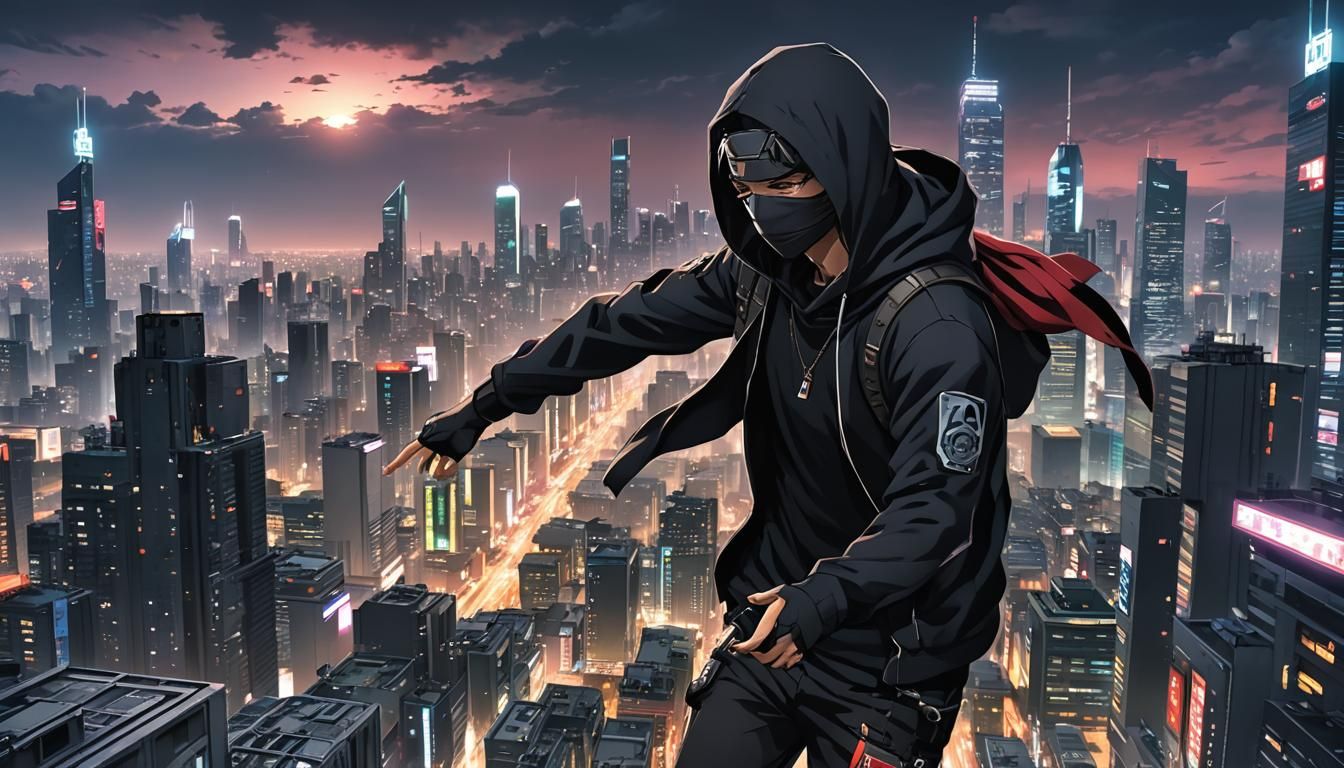 Man in Hoodie Over Cyberpunk City: Anime Art