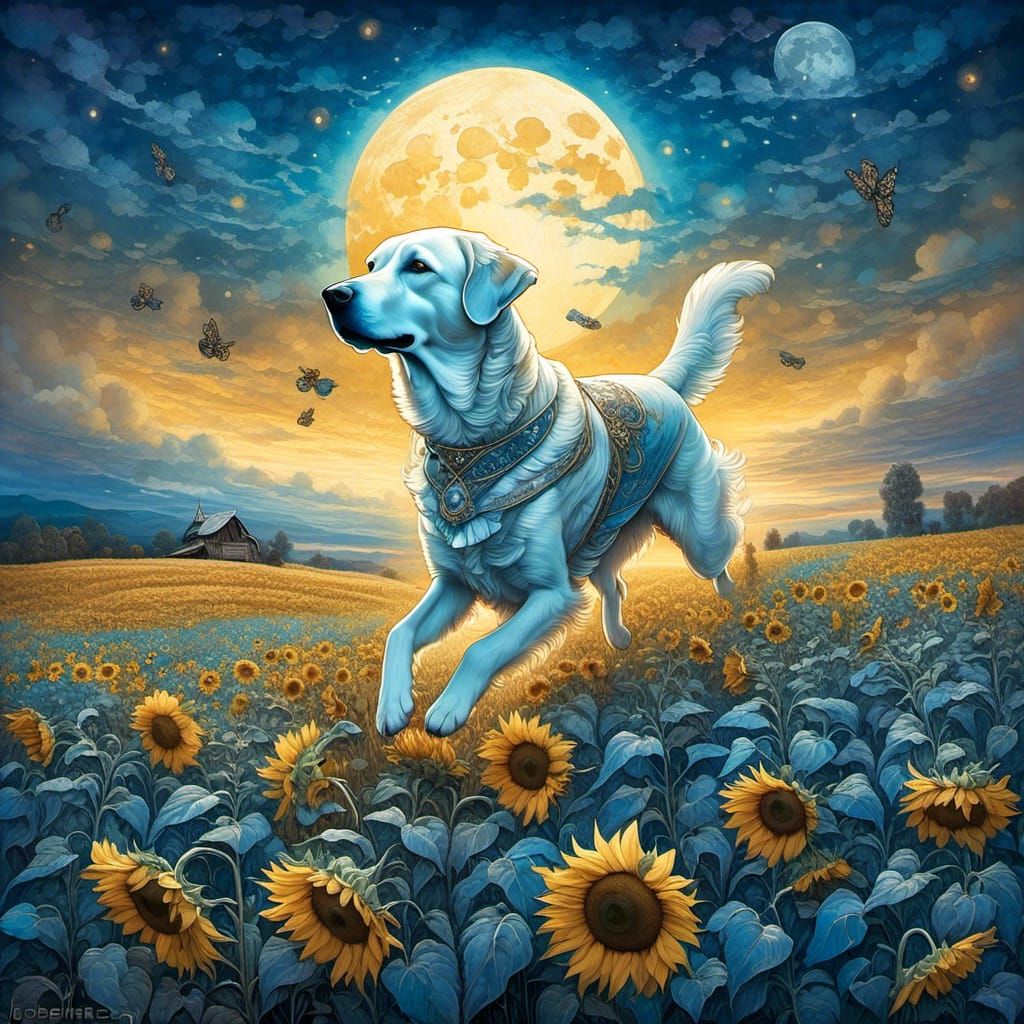 Dog Angel Over Blue Sunflowers: Gouache Watercolor Art