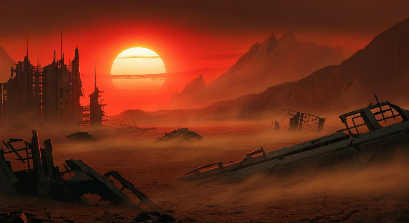 Post-Apocalyptic City Ruins Under Red Sun