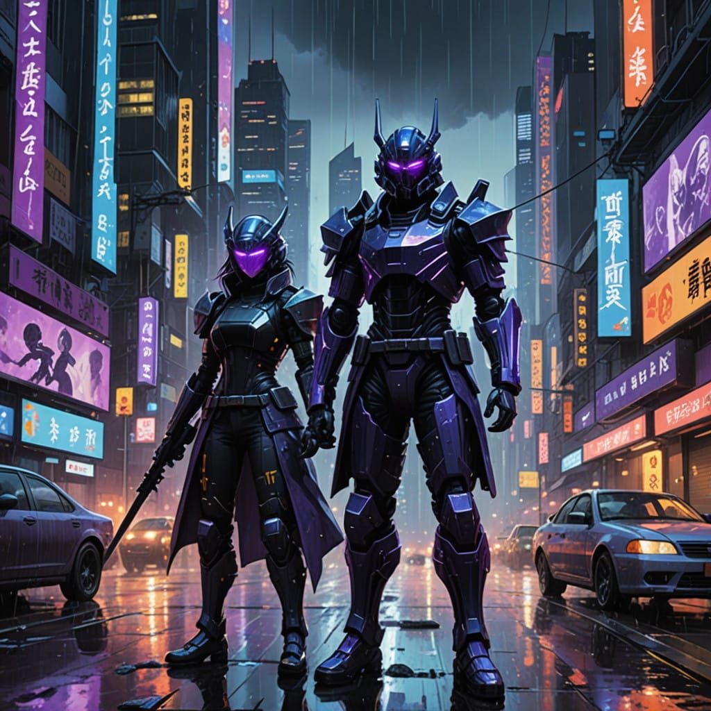 Cyber-Samurai Clash in Futuristic City Rooftop Battle