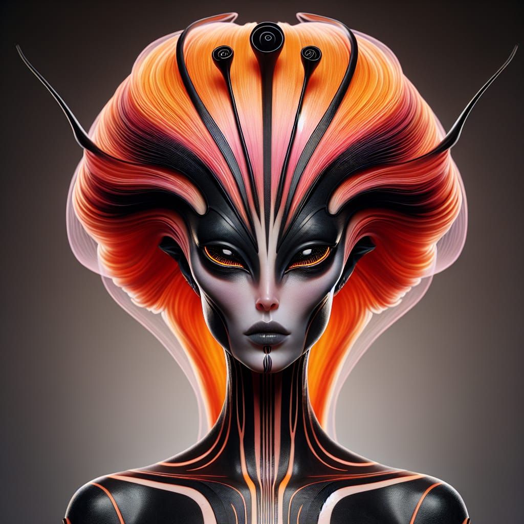 a stunning alien female, her face is enlongated with black s...