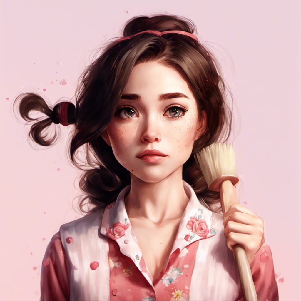 Chibi Housewife Cleaning: Studio Ghibli Style Portrait