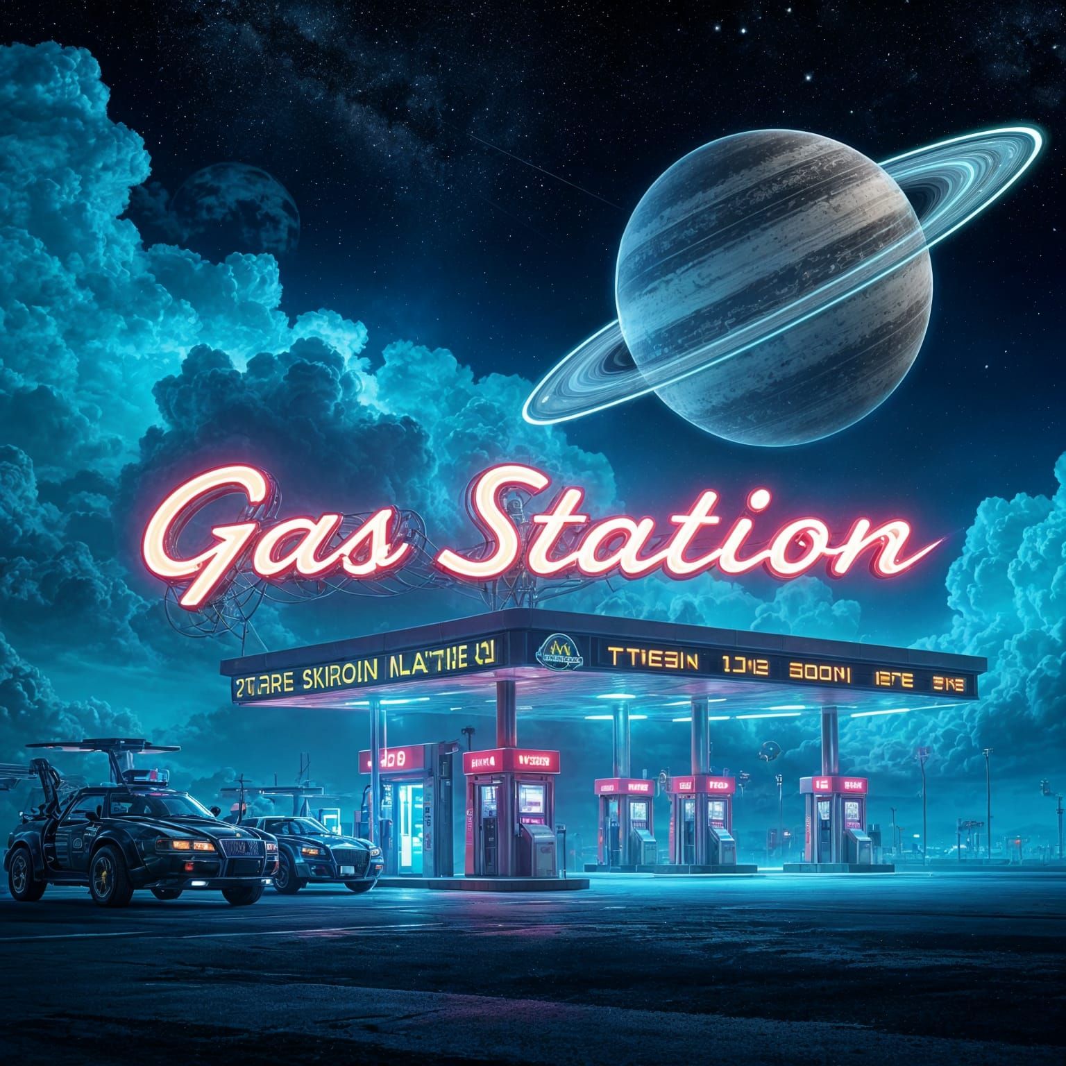 Futuristic Alien Gas Station with Saturn