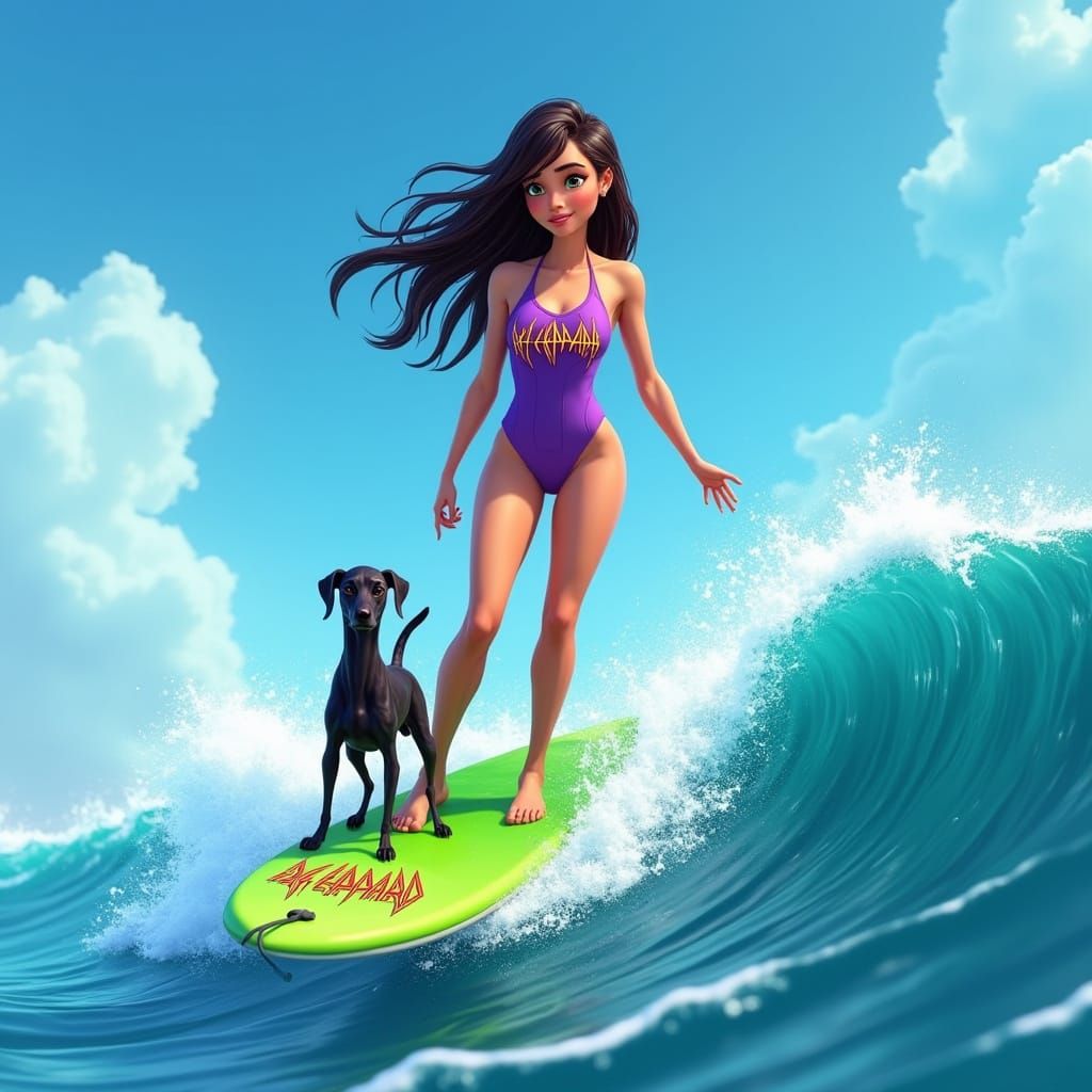 Radiant Surfer Goddess Rides Vibrant Wave in Cartoon Style