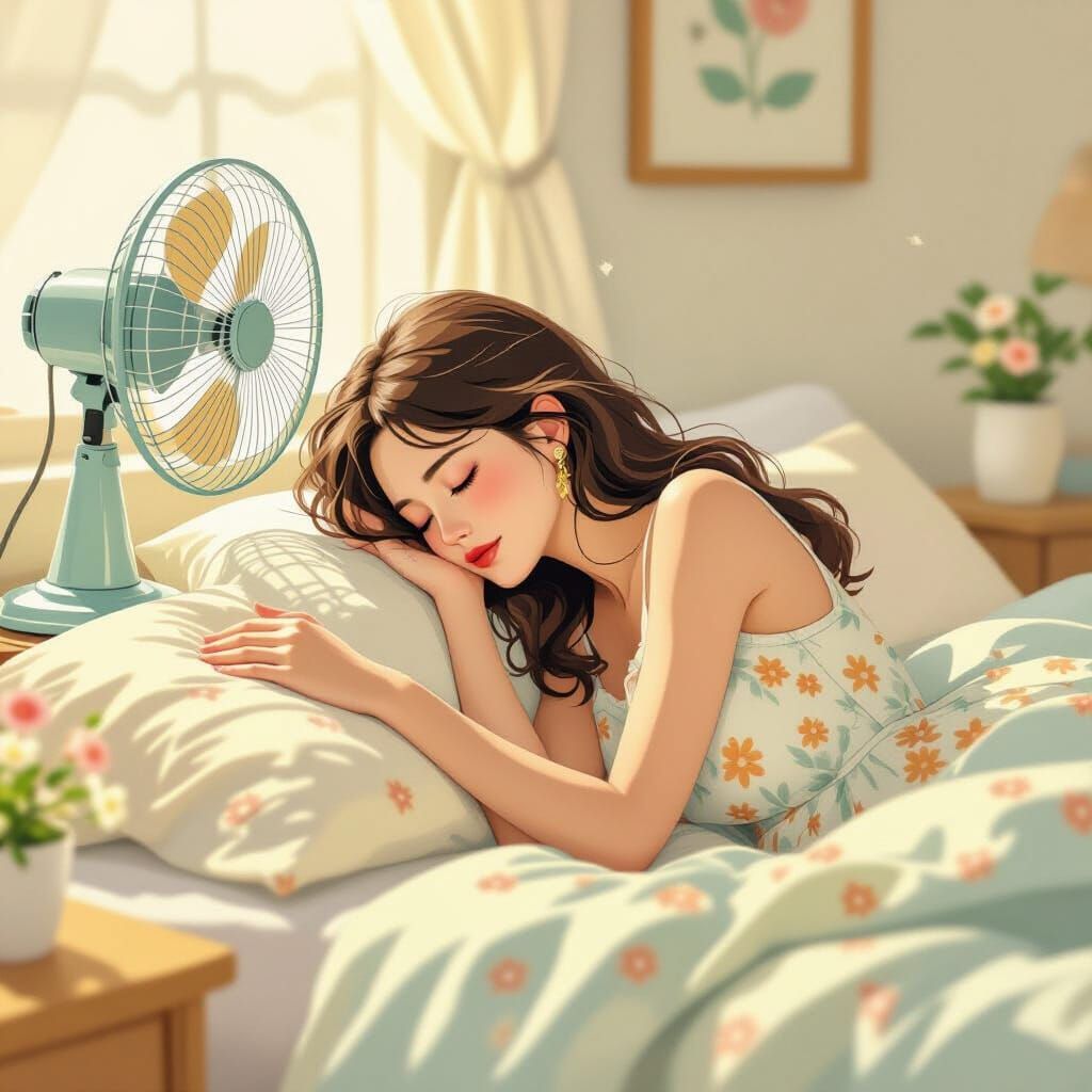 Dreamy Bedroom Scene with Woman and Fan