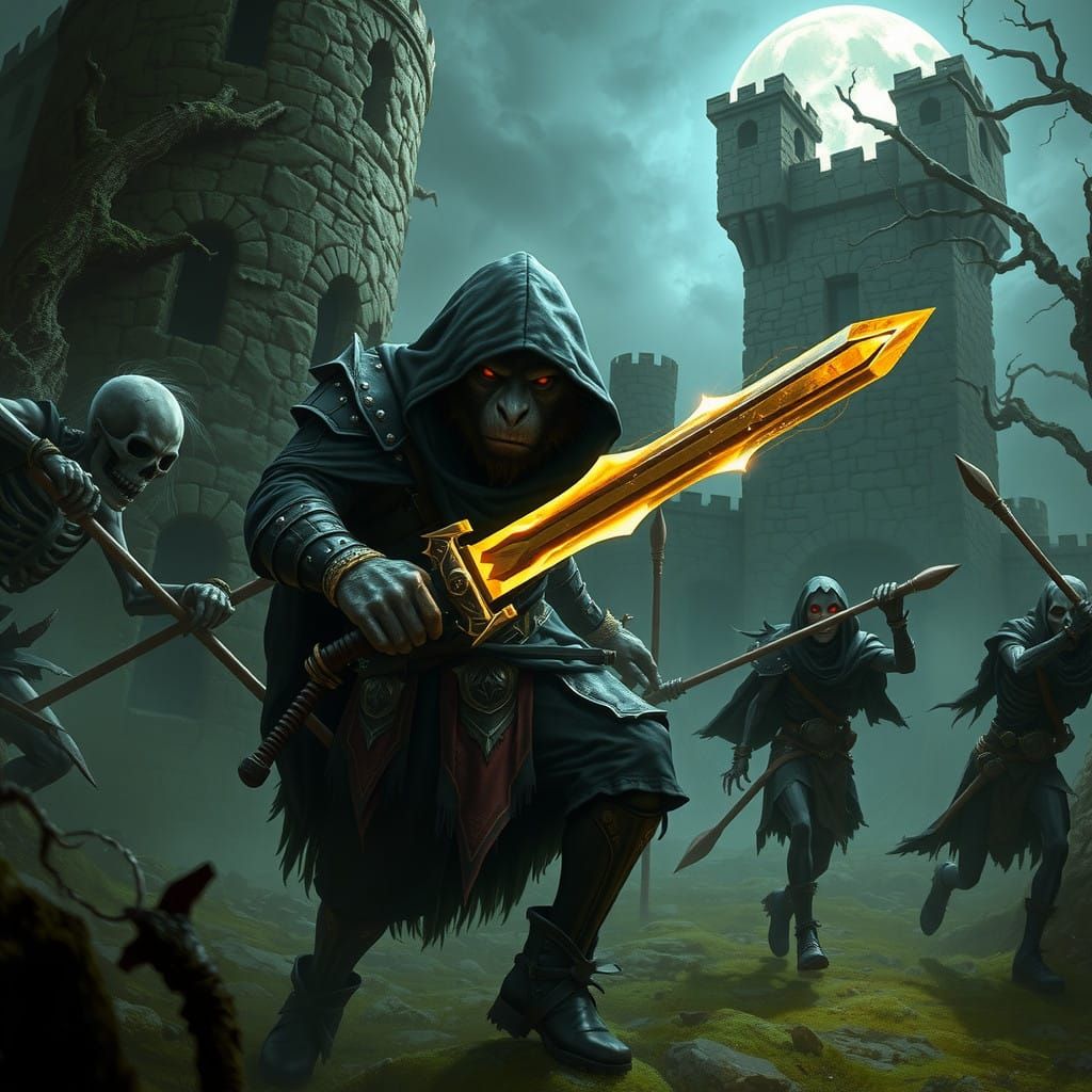 Fierce Bugbear Warrior Engages Skeletal Foes in Apocalyptic...