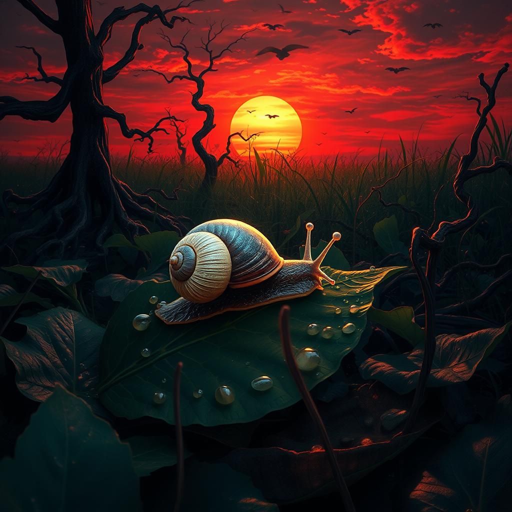 impressionistic style, a marshy meadow of dark green, a wet ...