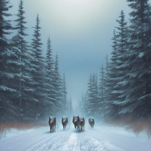 Wolf Pack Runs in Snow: Hyper-Realistic Digital Painting