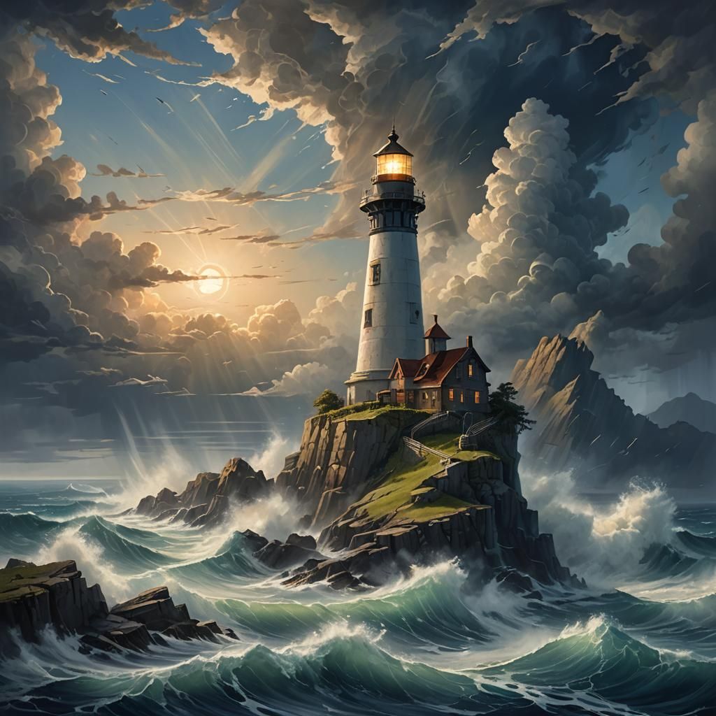 Lighthouse on Island Surrounded by Turbulent Sea