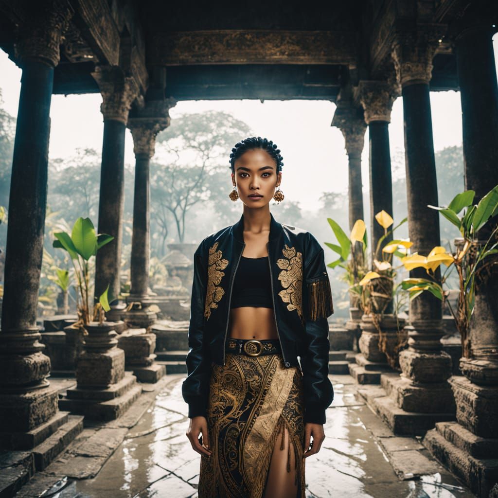 Surreal Cyberpunk Goddess in Balinese Temple Ruins