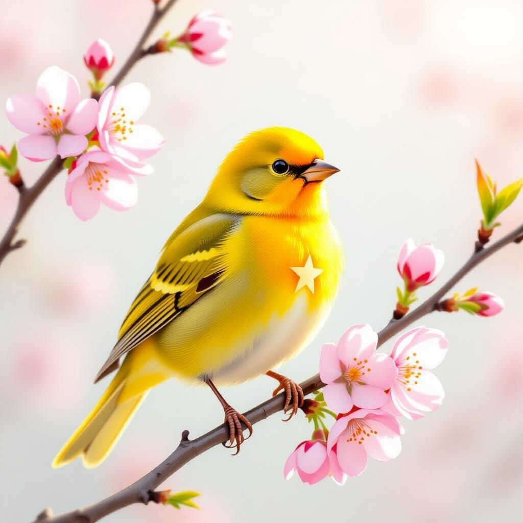 Yellow Bird with Star Belly on Cherry Blossom Branch